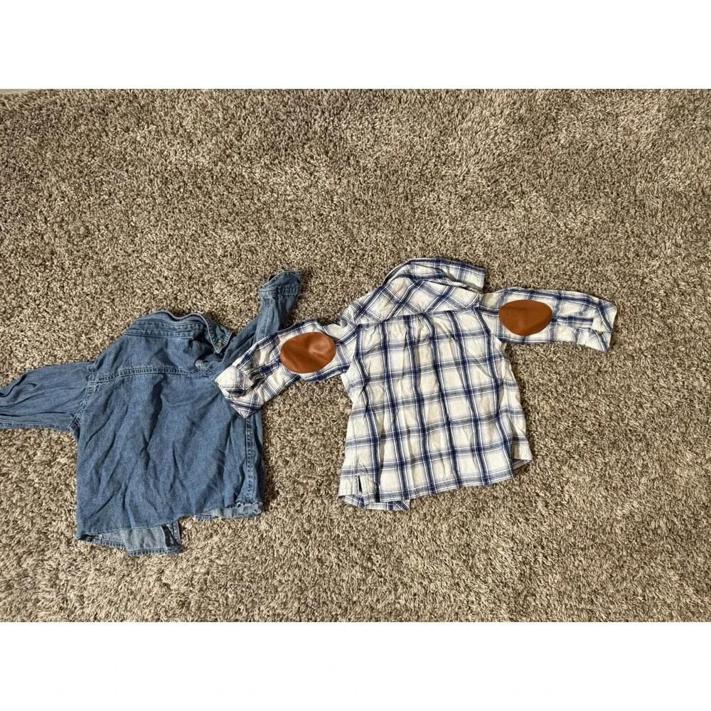 18M Toddler Boy Shirt Bundle Genuine Kids Plaid Flannel & Blue Denim Button Up